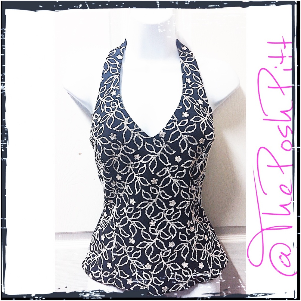 Xscape Black & ​Intricate White Beading Halter Top